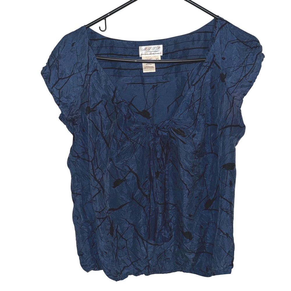 MSSP Max Studio 100% Silk Blue Abstract Print Tie Front Cap Sleeve Blouse XS